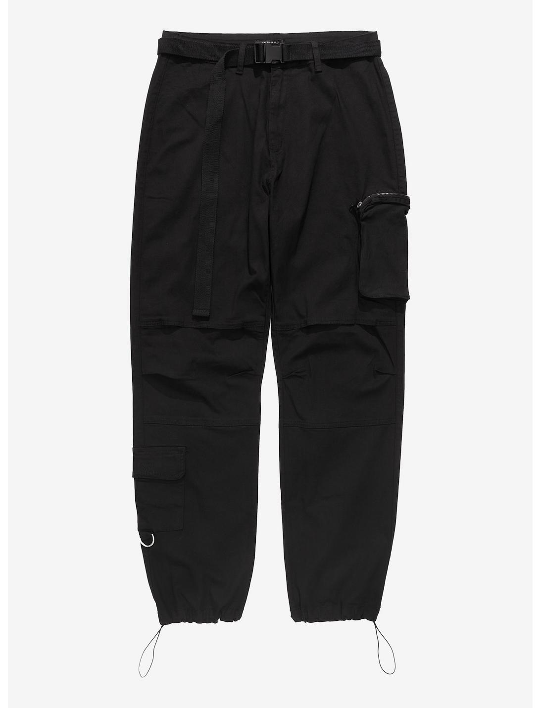 Black Buckle Belt Straight Leg Cargo Pants Plus Size, BLACK, hi-res