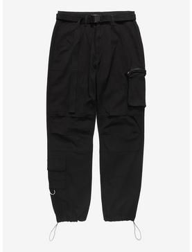 Black Buckle Belt Straight Leg Cargo Pants Plus Size, , hi-res
