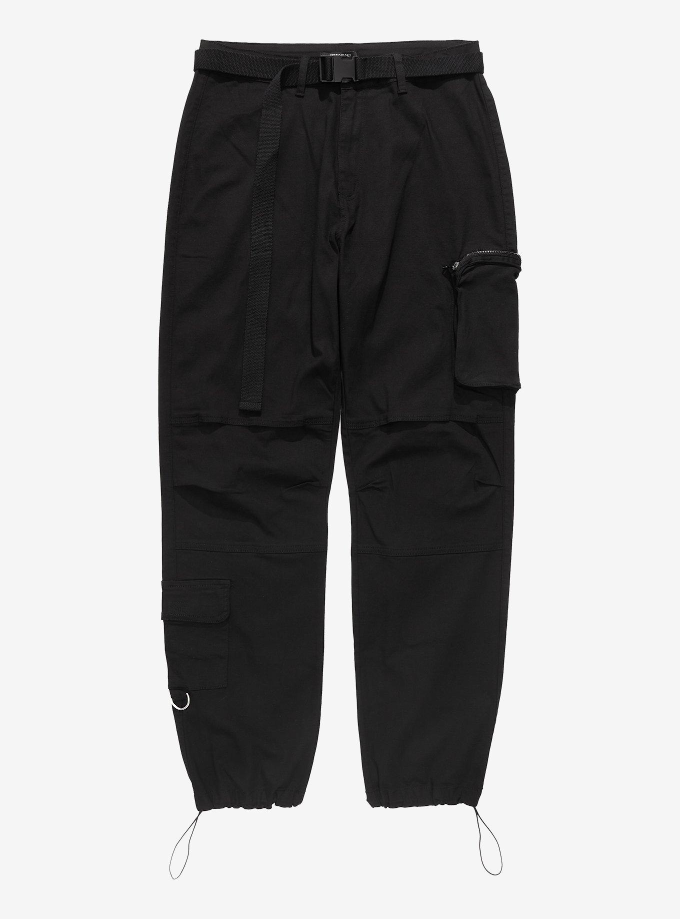 Black Buckle Belt Straight Leg Cargo Pants Plus Size, BLACK, hi-res