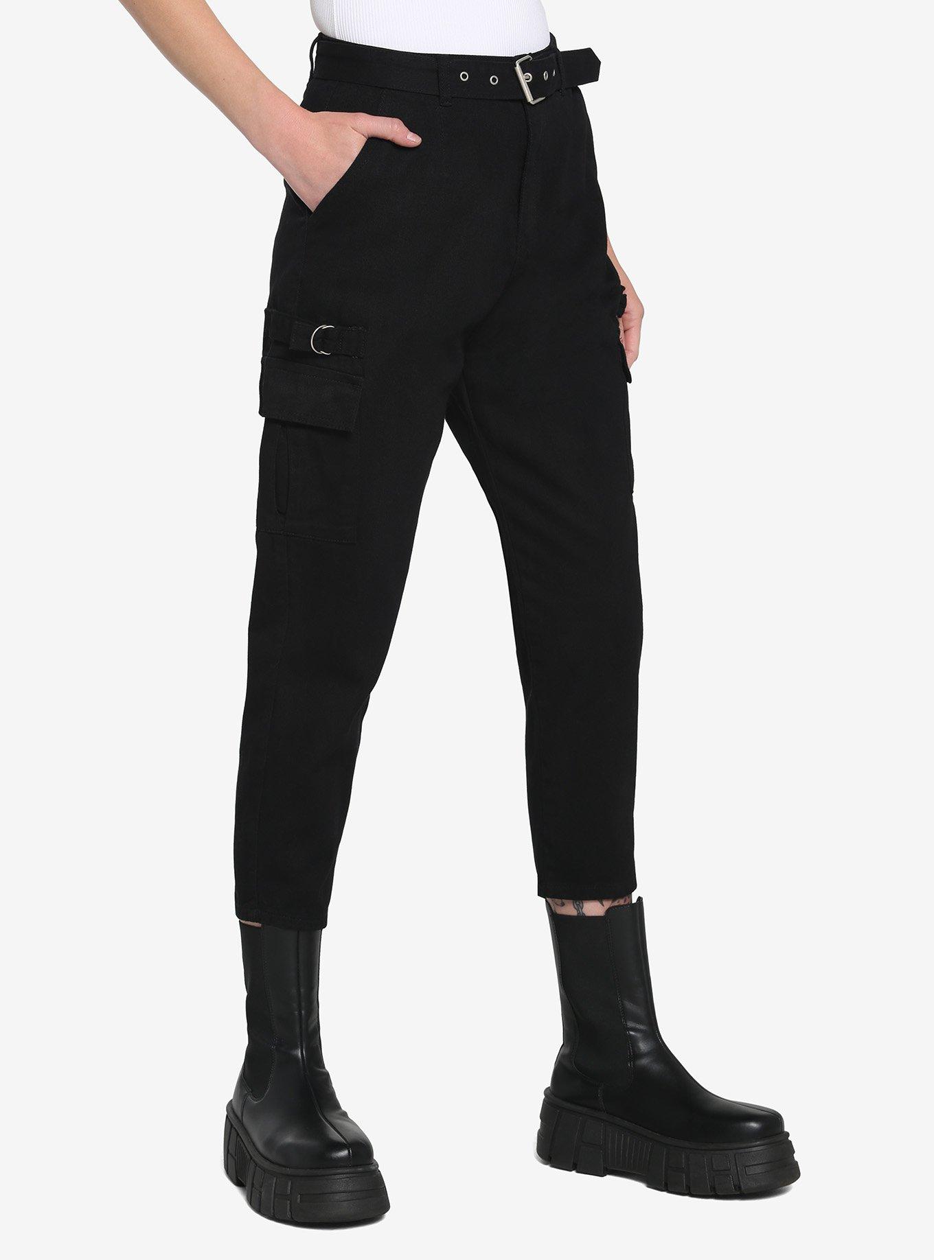 Black Tapered Leg Belted Cargo Pants, BLACK, hi-res