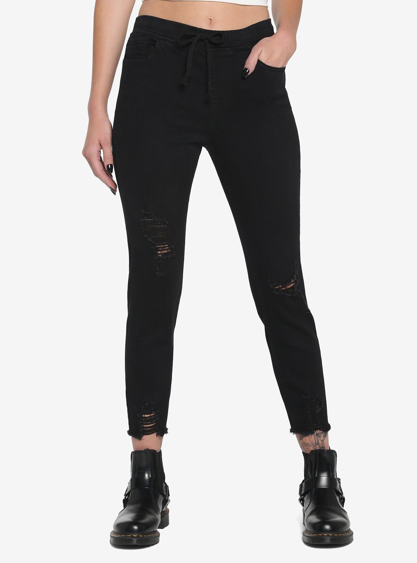 Black Destructed Elastic Waist Skinny Jeans, BLACK, hi-res