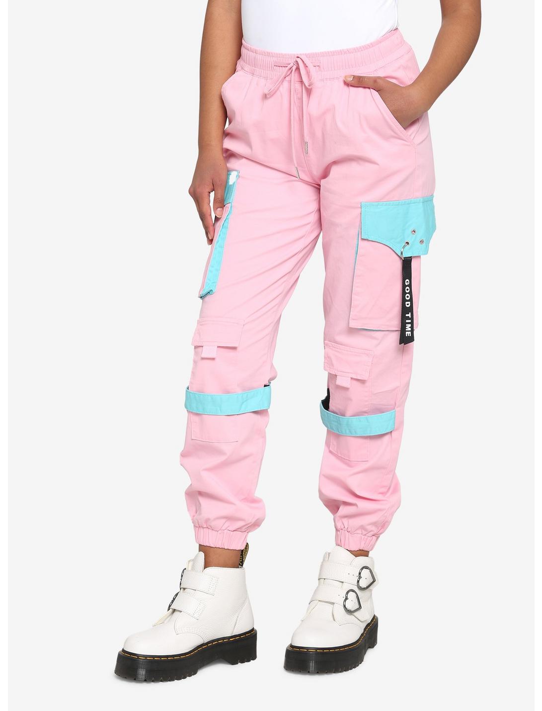 Pink & Cyan Cargo Jogger Pants, PINK, hi-res