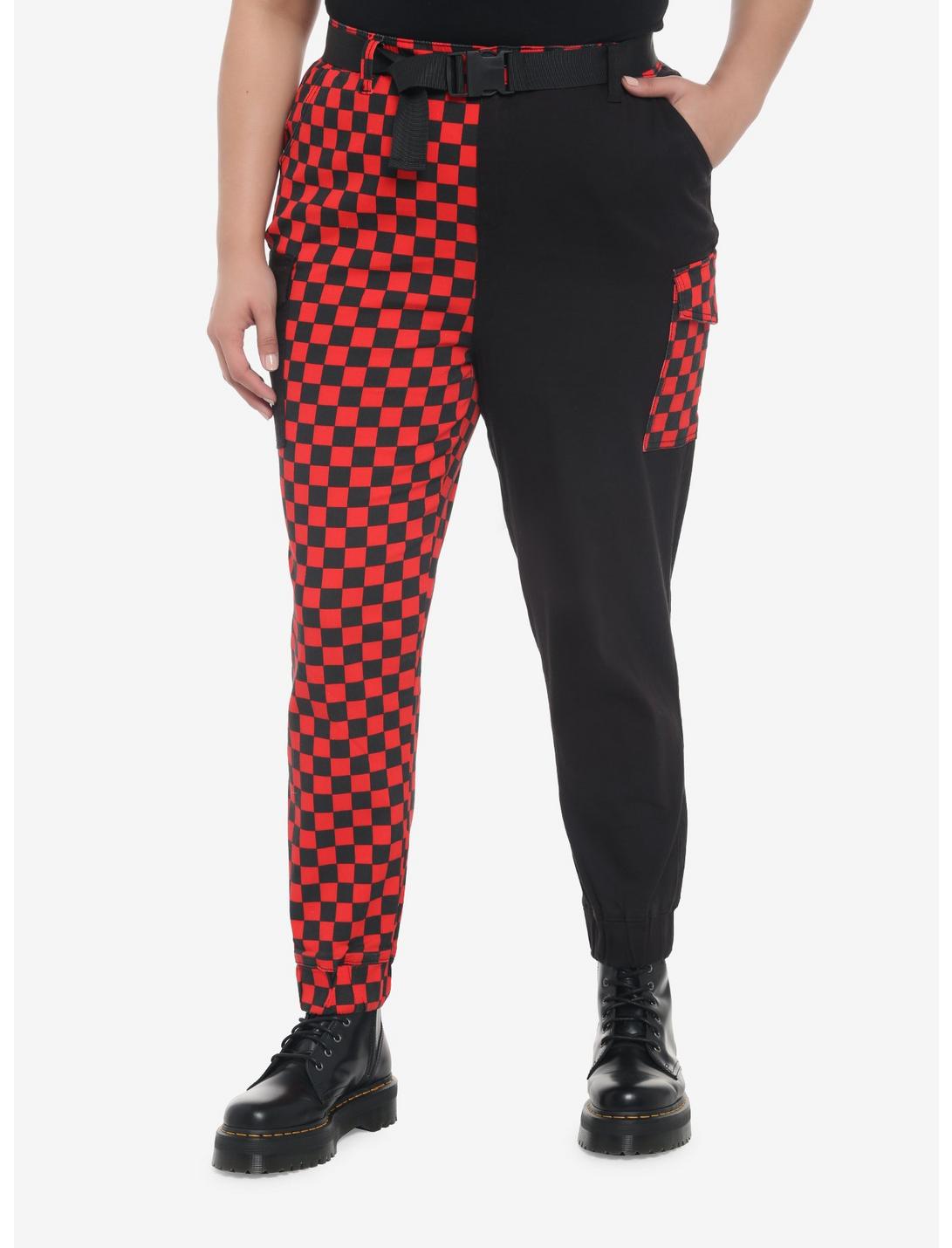 Black & Red Checkered Split Jogger Pants Plus Size, BLACK, hi-res