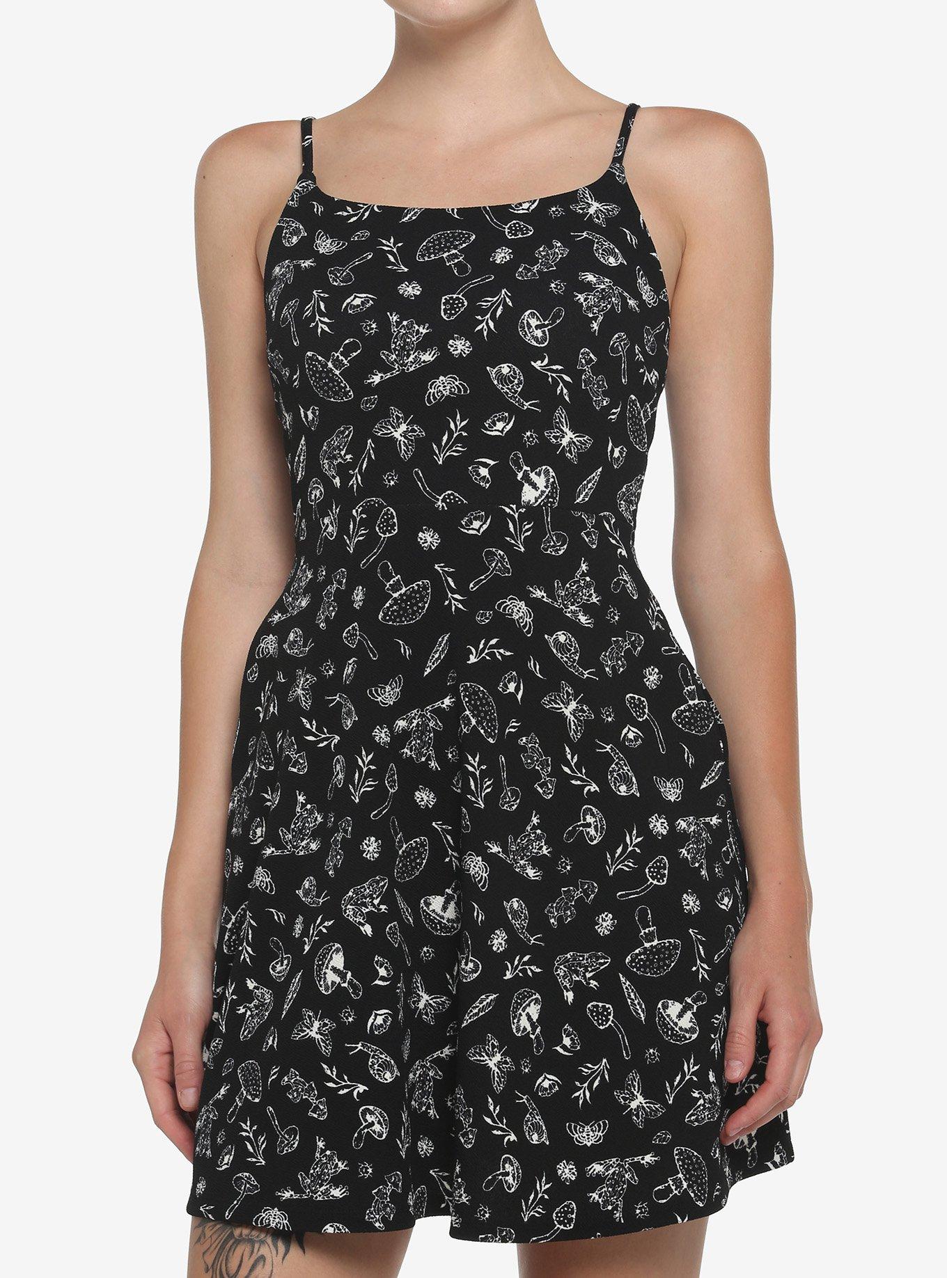 Thorn And Fable Mushroom Forest Skater Dress, BLACK, hi-res