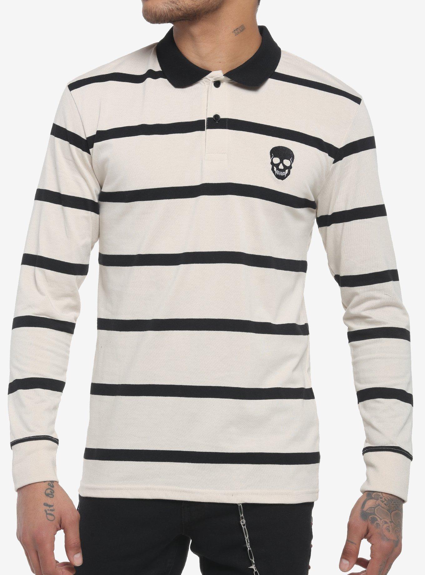 Black & Tan Stripe Skull Long-Sleeve Polo Shirt, , hi-res