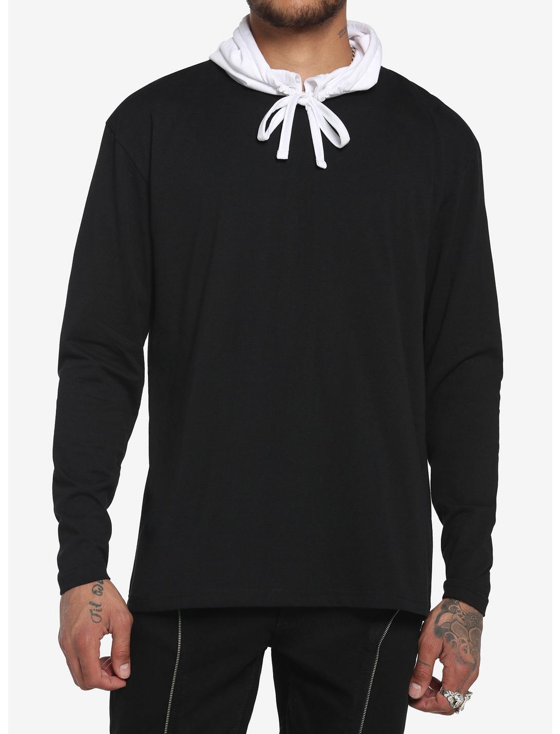 Black & White Long-Sleeve T-Shirt With Hood, BLACK  WHITE, hi-res