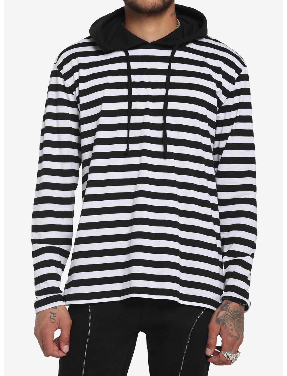 Black & White Stripe Long-Sleeve T-Shirt With Hood, BLACK  WHITE, hi-res