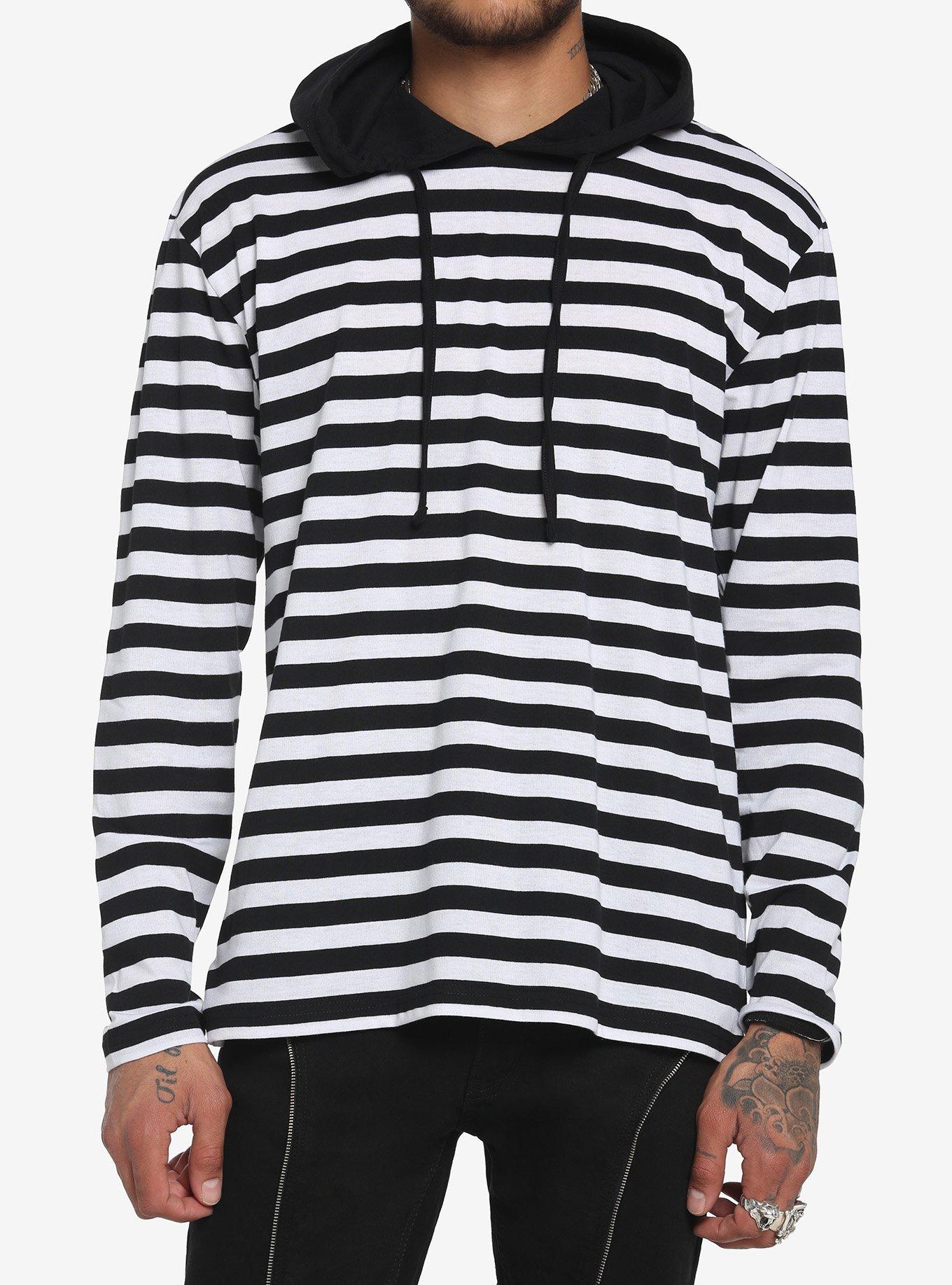 Black & White Stripe Long-Sleeve T-Shirt With Hood, BLACK  WHITE, hi-res