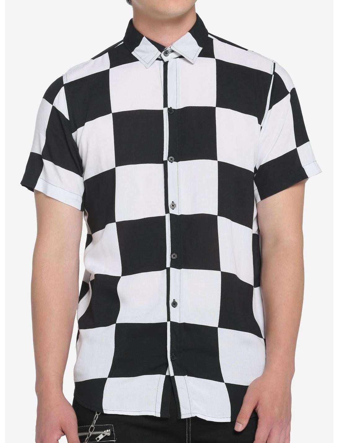 Black & White Checkered Woven Button-Up, BLACK  WHITE, hi-res
