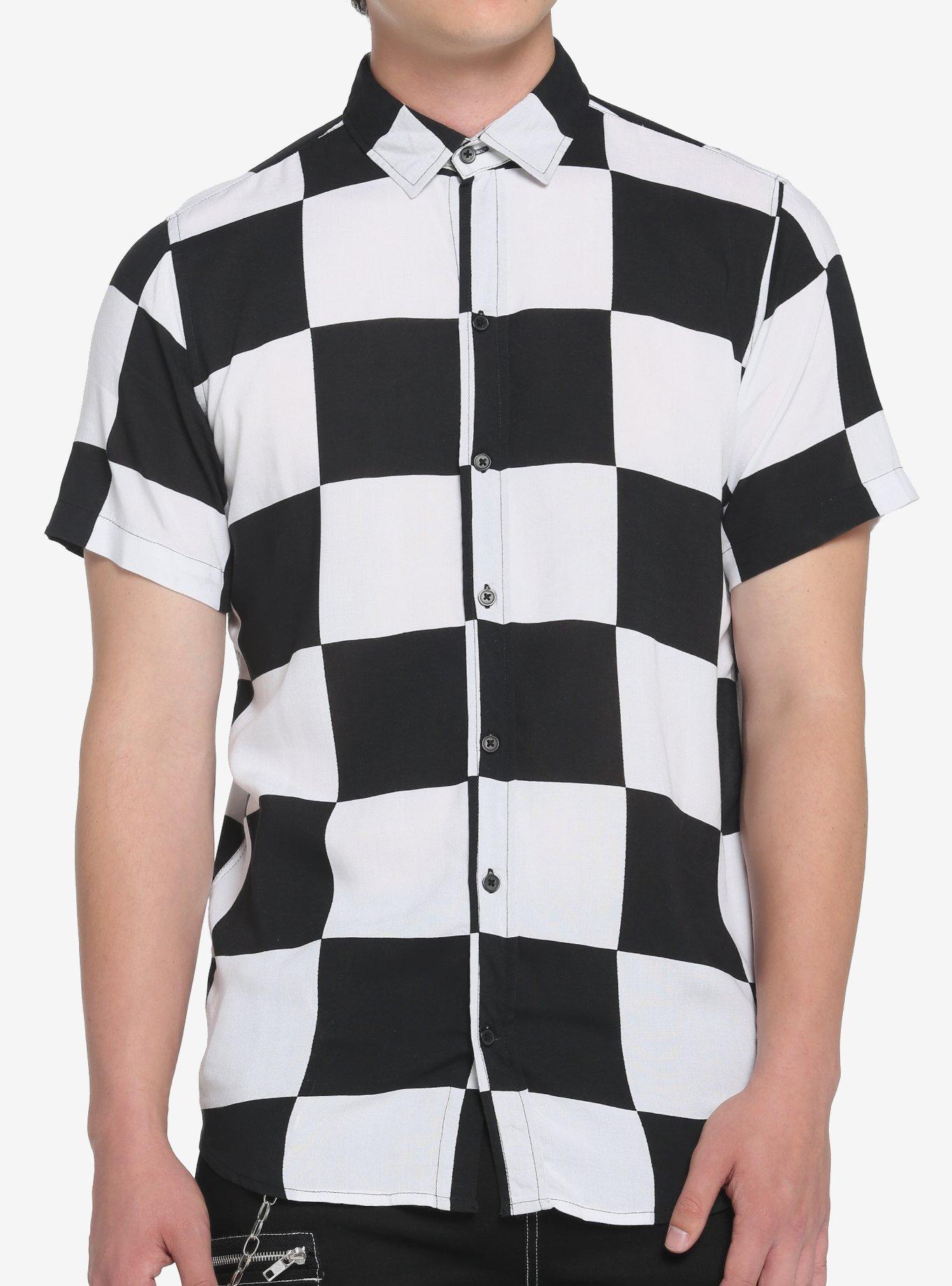 Black & White Checkered Woven Button-Up, BLACK  WHITE, hi-res