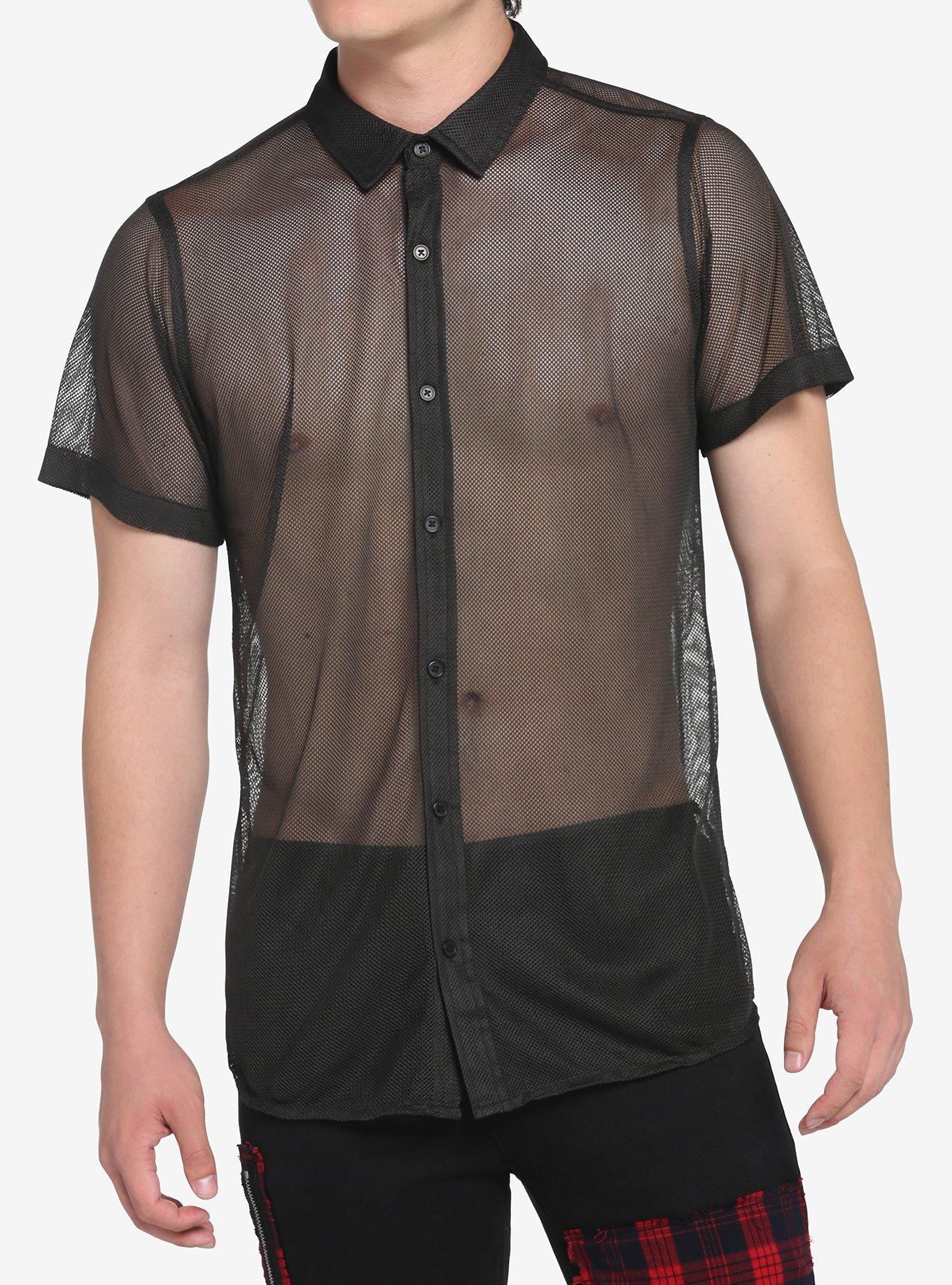 Black Mesh Woven Button-Up, BLACK, hi-res