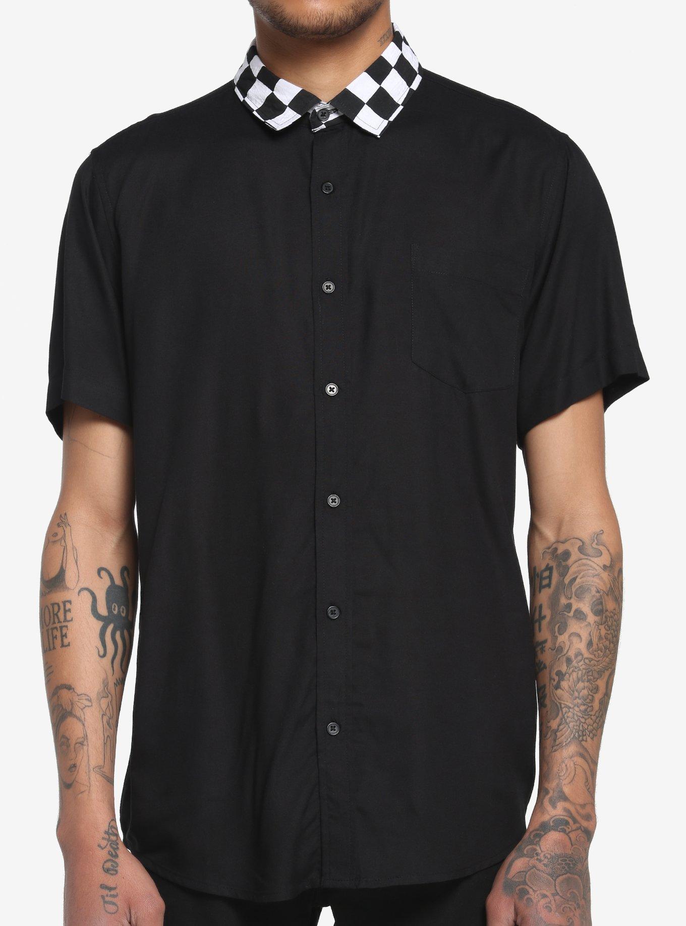 Black & White Checkered Collar Woven Button-Up, BLACK, hi-res