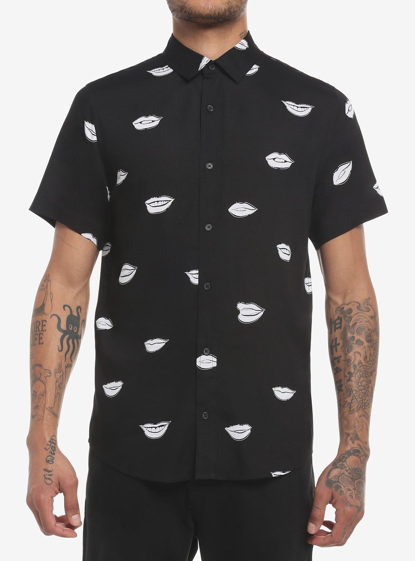 Black & White Lips Woven Button-Up, BLACK  WHITE, hi-res