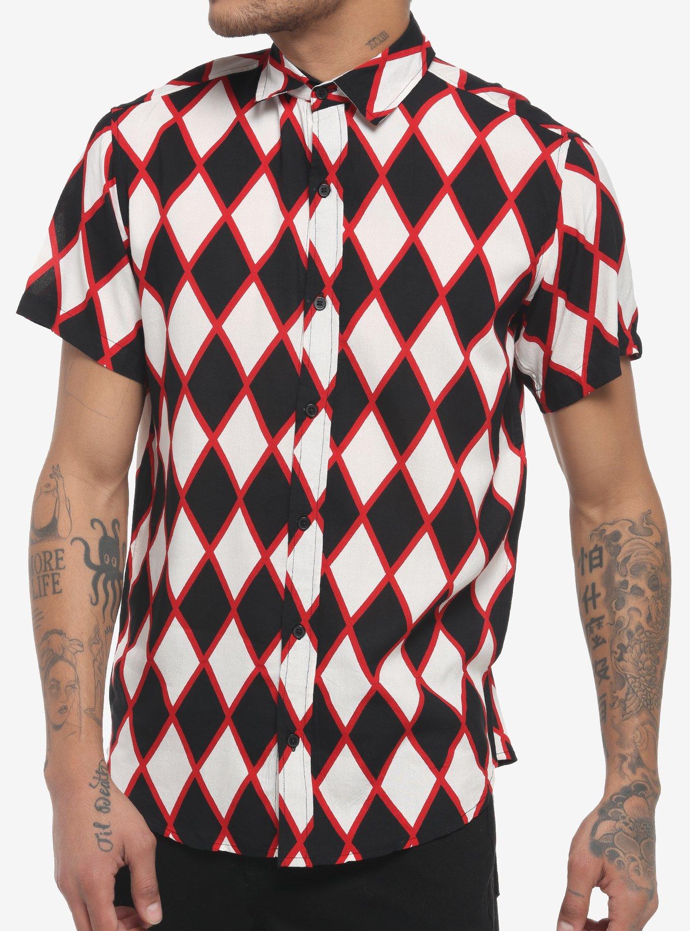 Black Red & White Diamond Print Woven Button-Up, BLACK  WHITE, hi-res