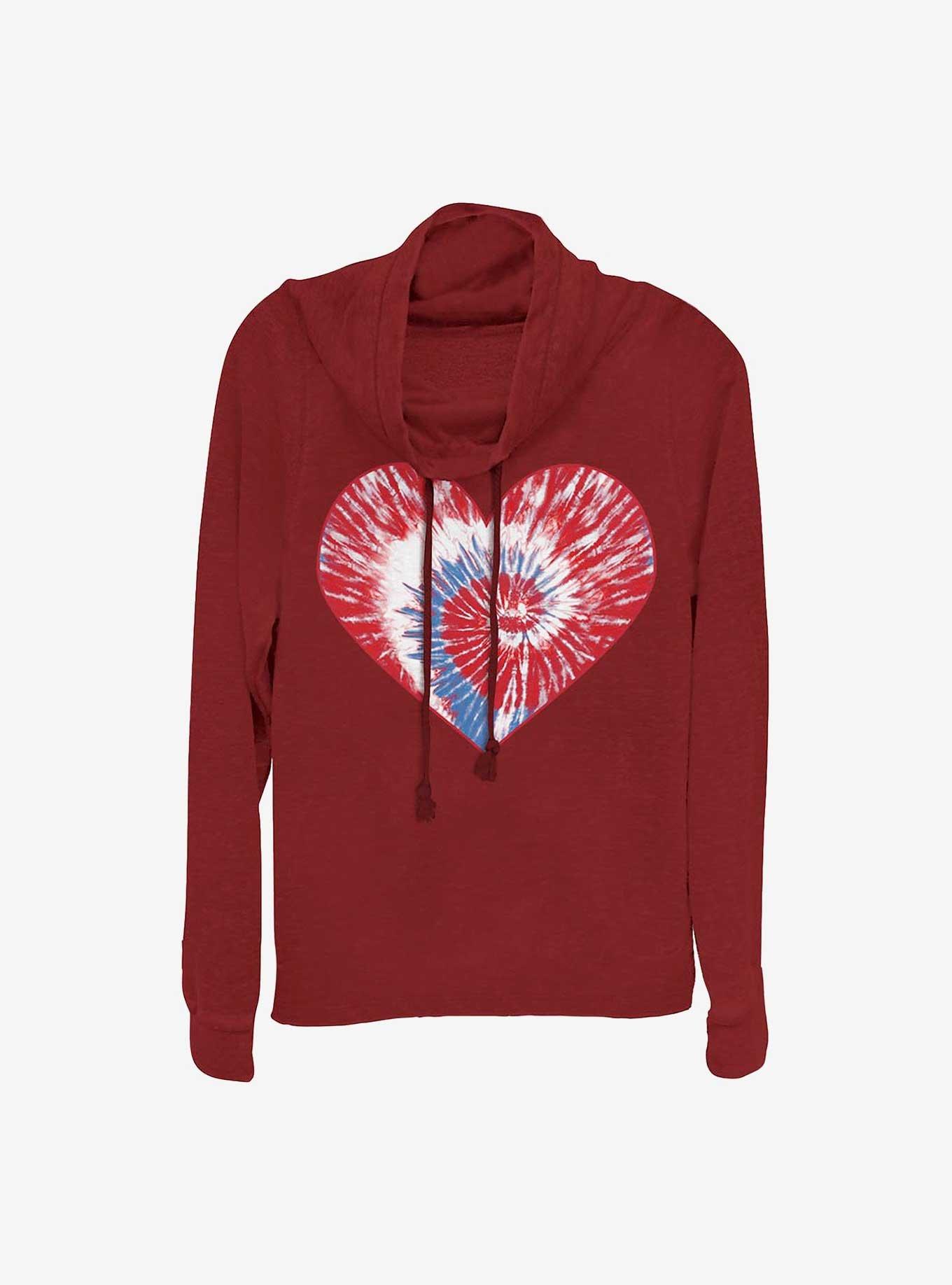 Spiral Tie Dye Heart Girls Cowl Neck Long Sleeve Top, SCARLET, hi-res