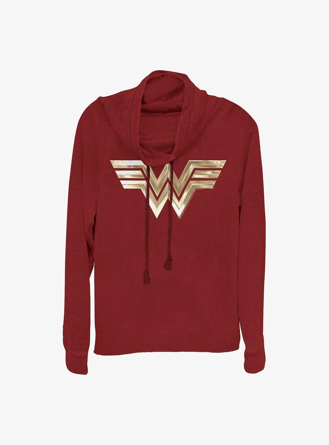 DC Comics Wonder Woman Metallic Logo Girls Cowl Neck Long Sleeve Top, SCARLET, hi-res