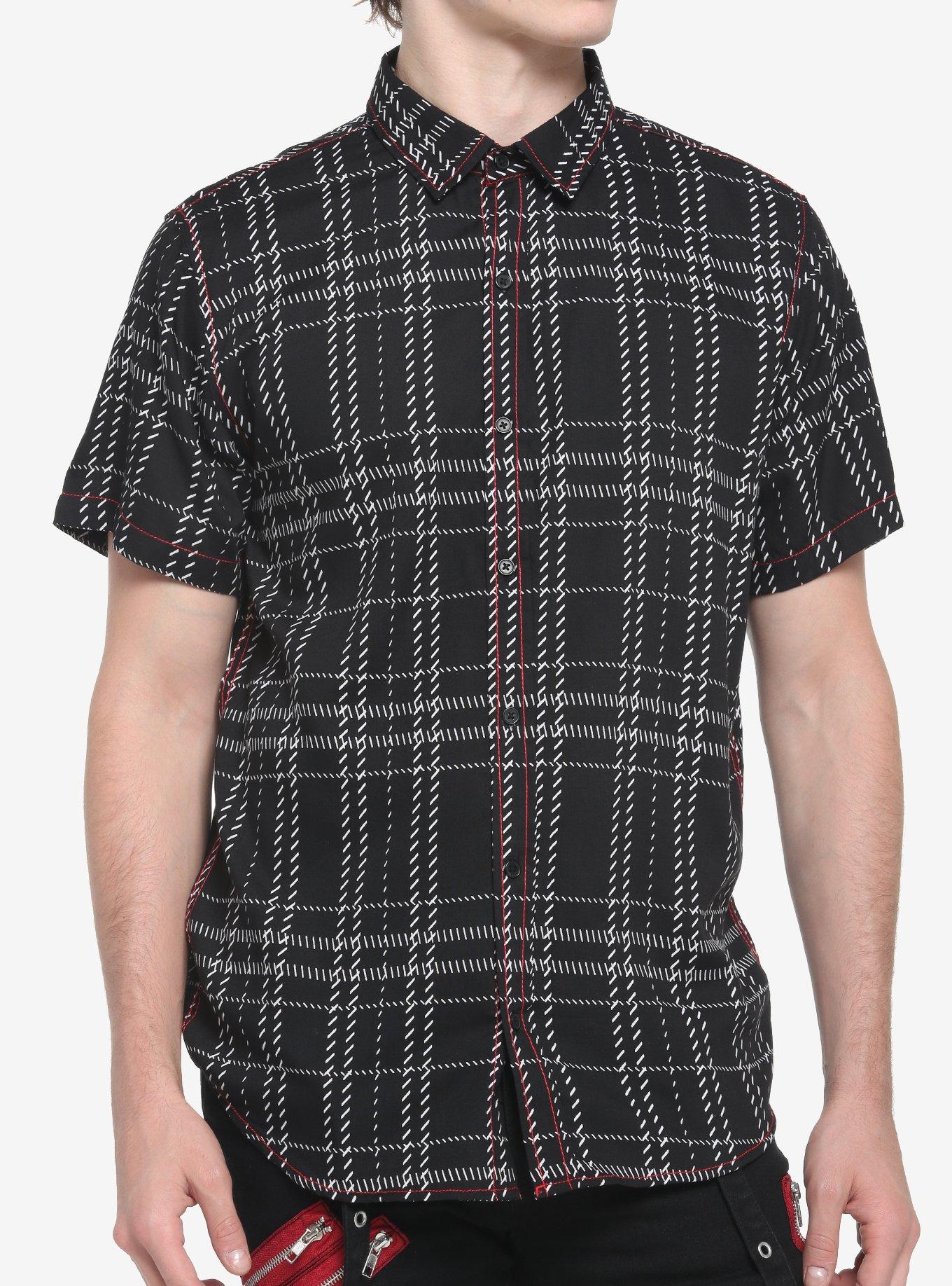 Black Plaid & Red Contrast Stitch Woven Button-Up, BLACK  WHITE, hi-res