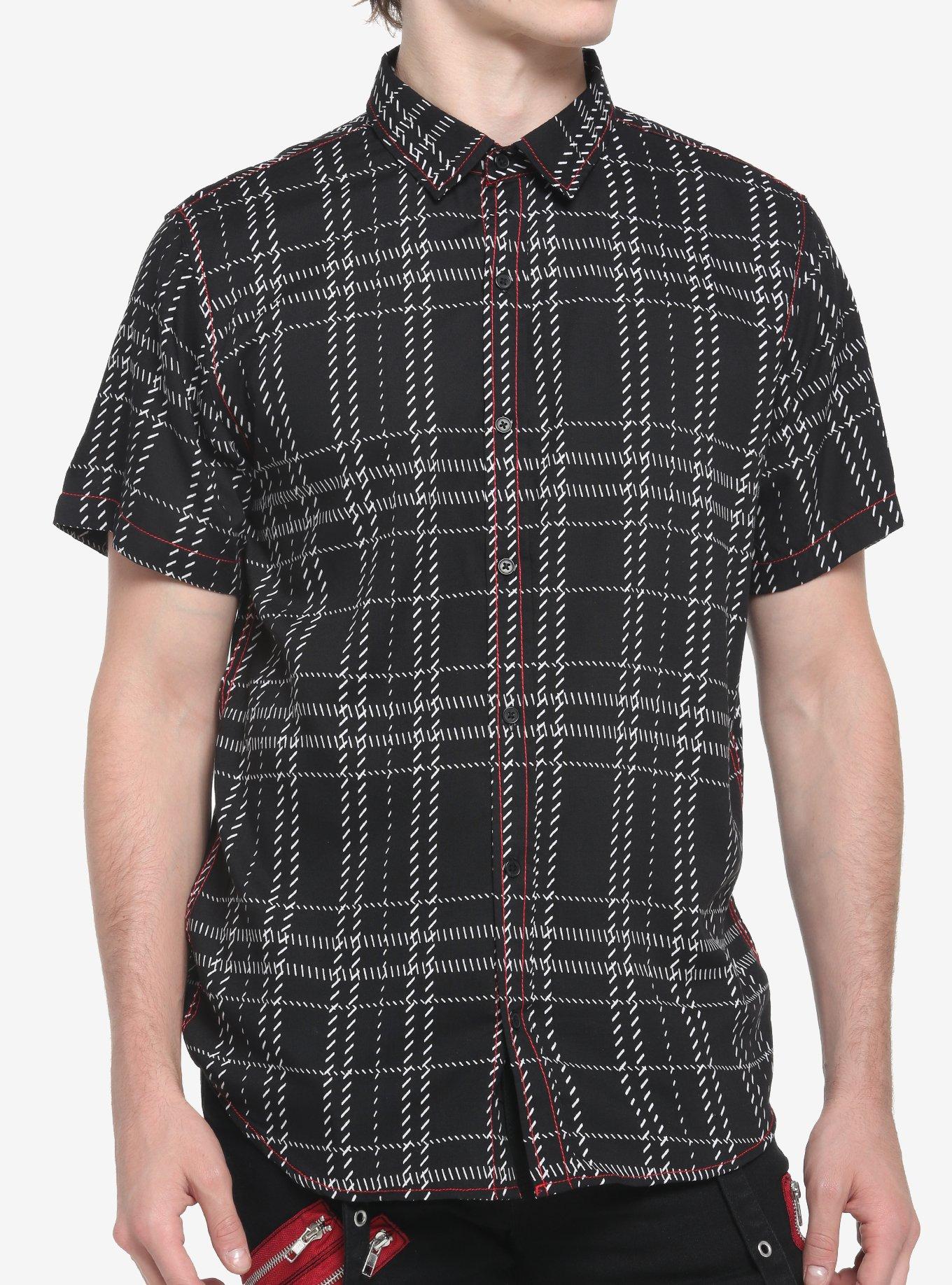 Black Plaid & Red Contrast Stitch Woven Button-Up | Hot Topic