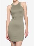 Olive High Neck Ribbed Bodycon Dress, GREEN, hi-res