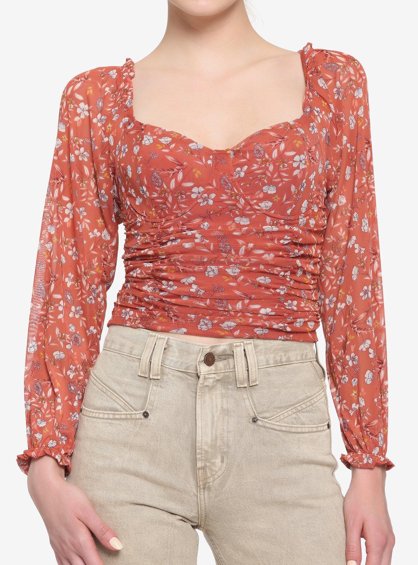 Brown Floral Girls Crop Peasant Top, BROWN, hi-res