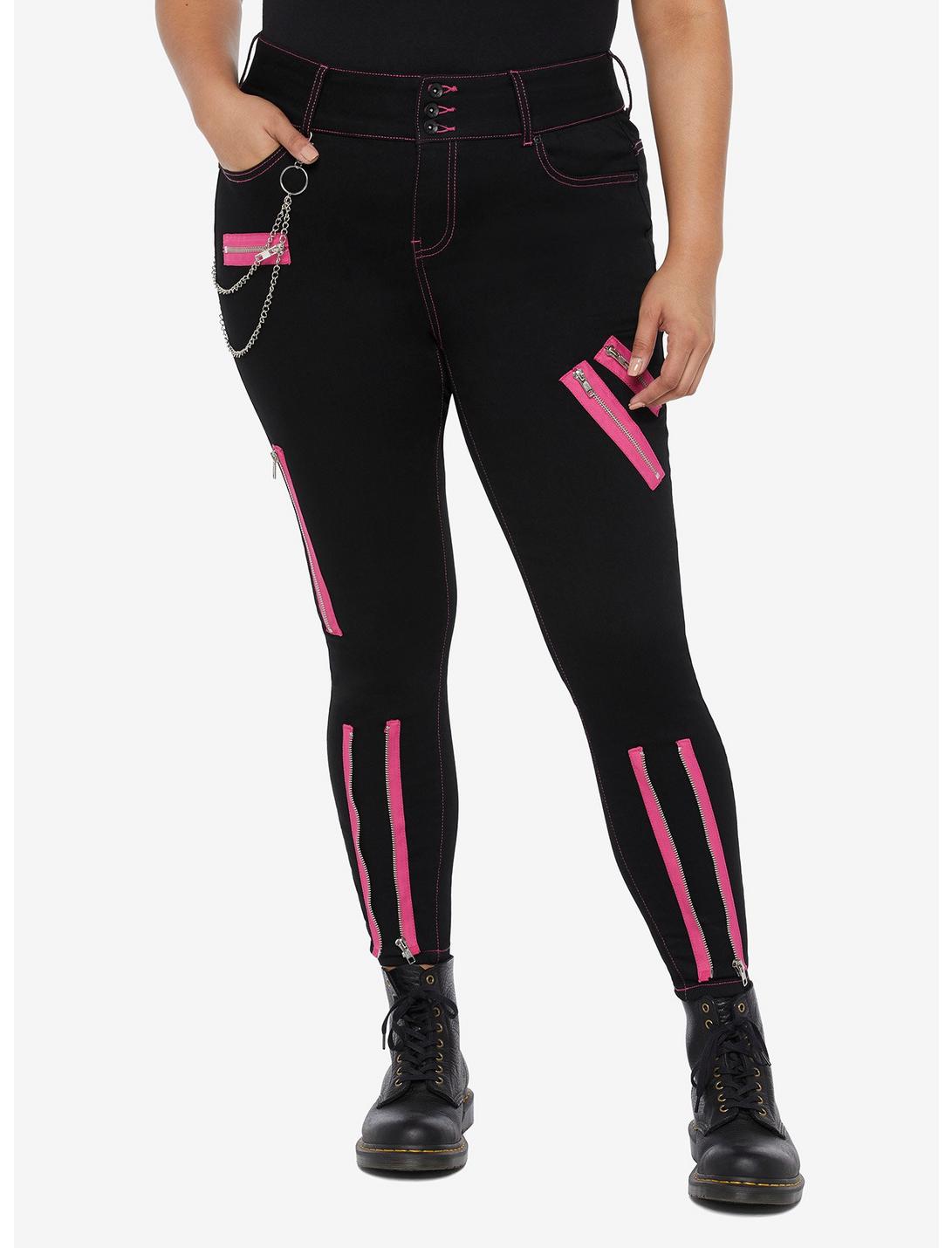 Black & Pink Zipper Super Skinny Jeans Plus Size, BLACK  PINK, hi-res
