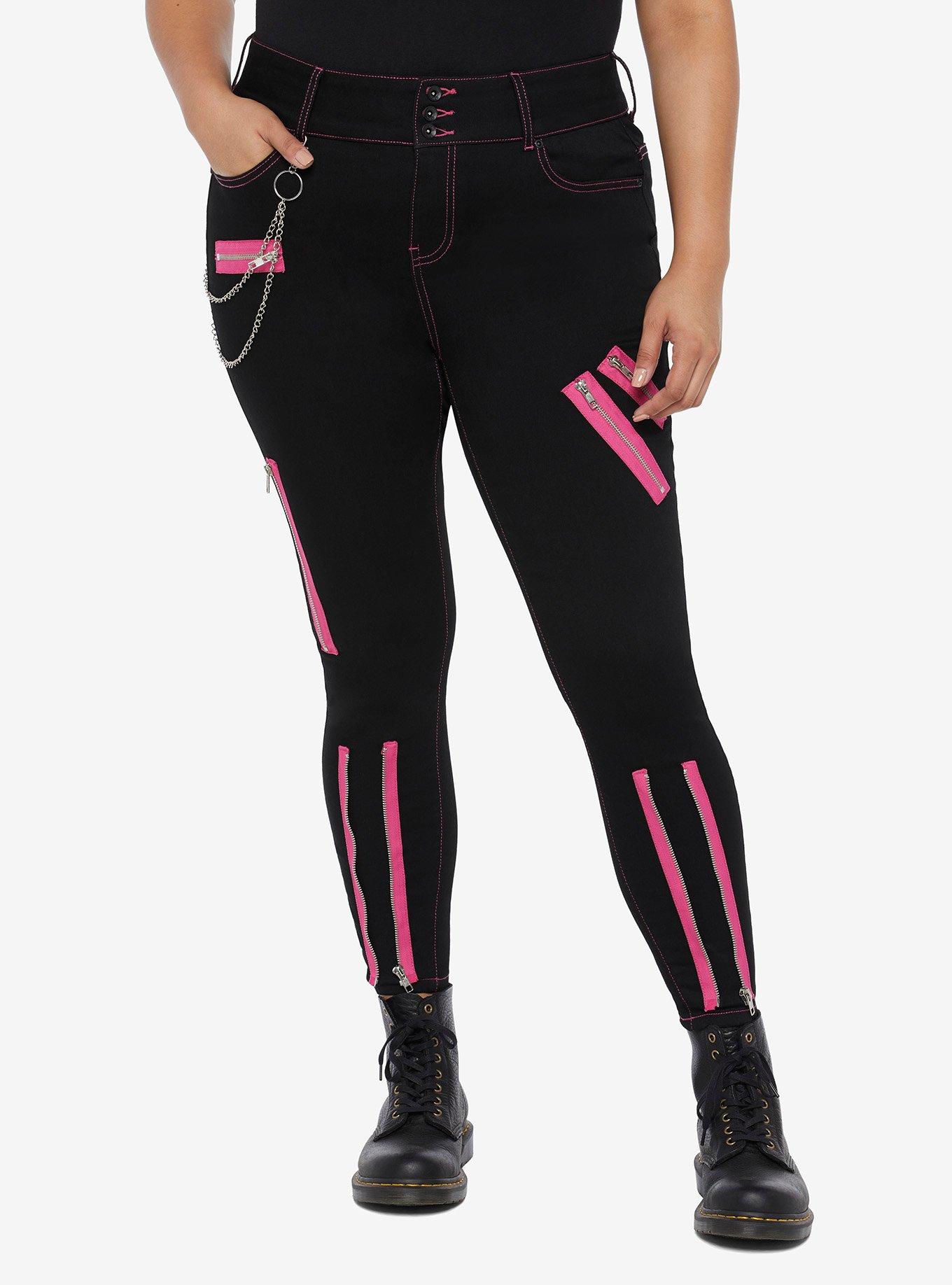 Black & Pink Zipper Super Skinny Jeans Plus Size, BLACK  PINK, hi-res
