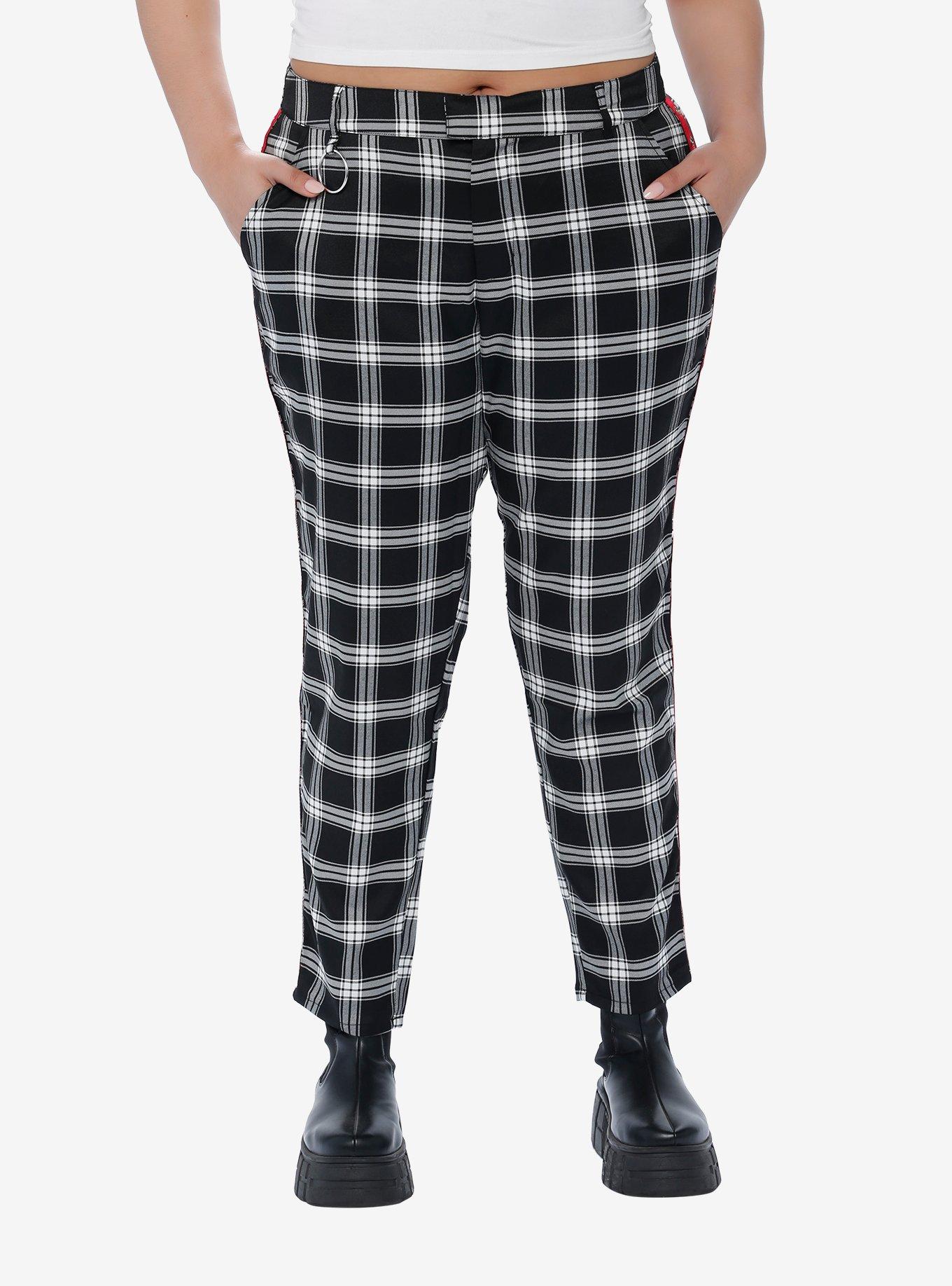 Black & White Plaid Grommet Pants Plus Size, , hi-res