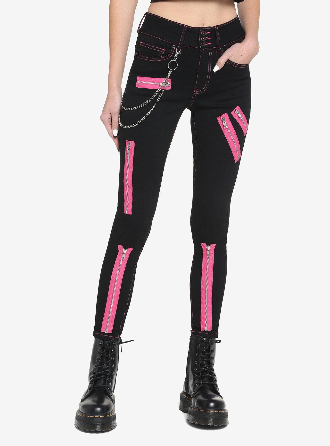 Black & Pink Zipper Super Skinny Jeans