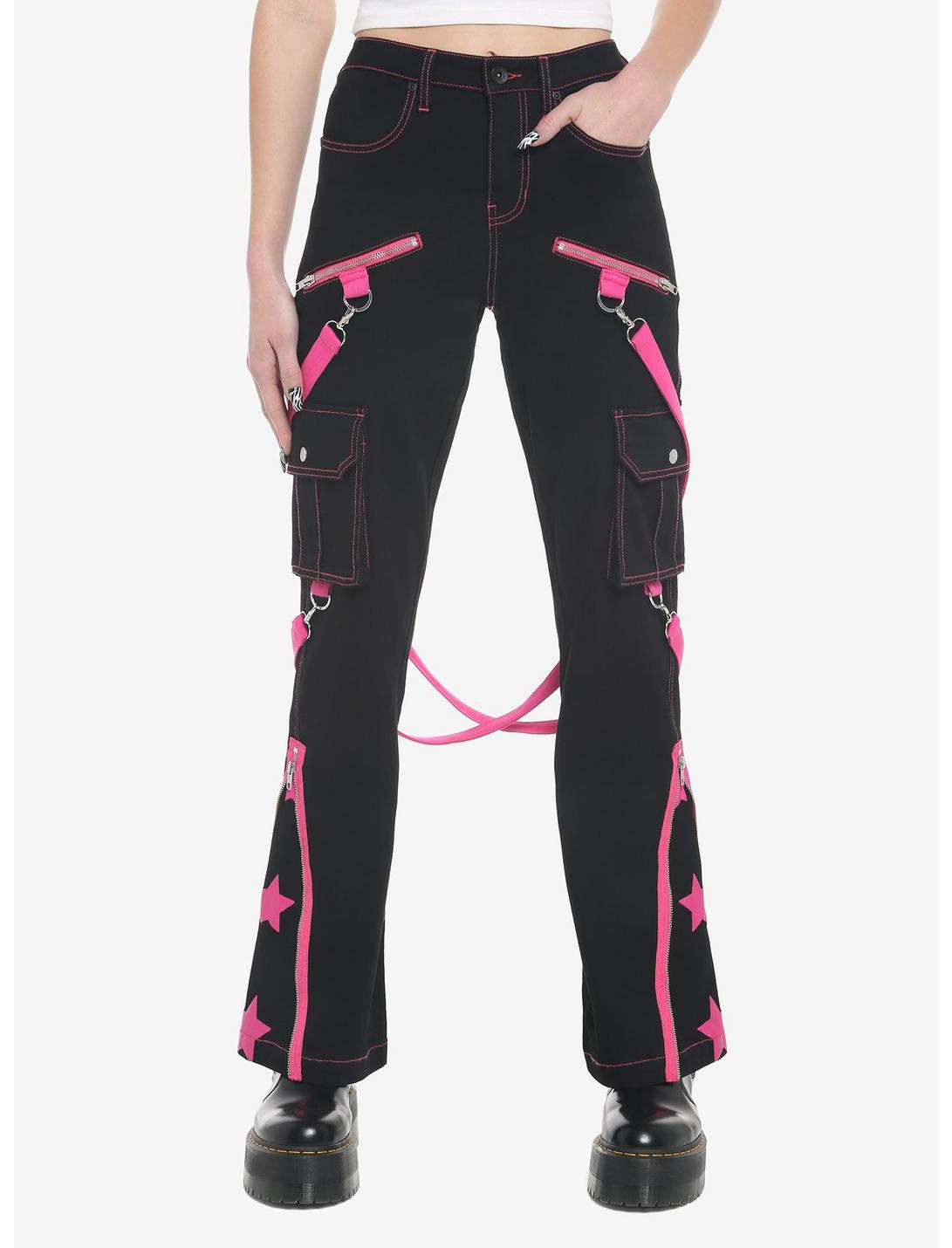 Pink Stars Suspender Girls Cargo Pants, BLACK  PINK, hi-res