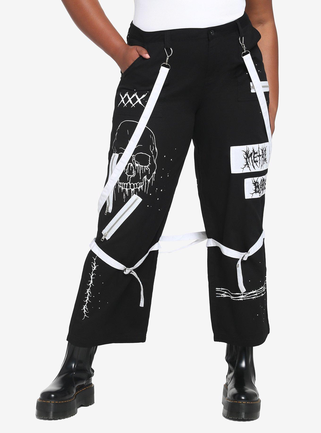 Black & White Suspender Hi-Rise Carpenter Pants Plus Size, BLACK  WHITE, hi-res