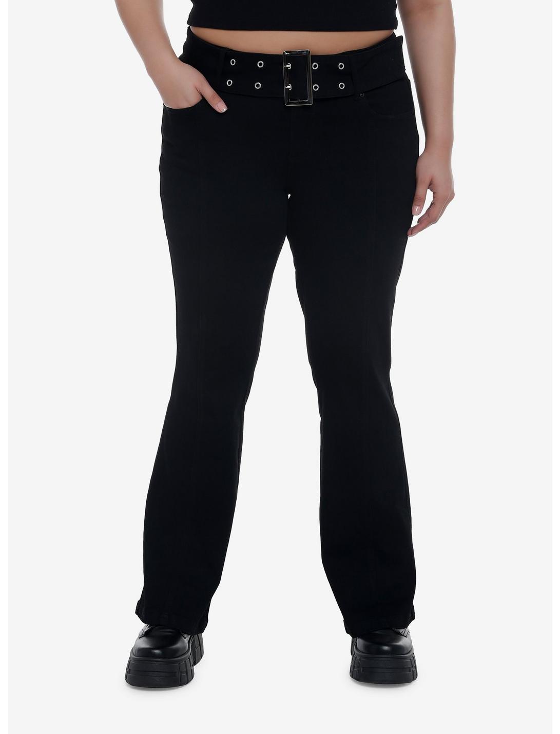 Black Low Rise Flare Denim Pants Plus Size, BLACK, hi-res