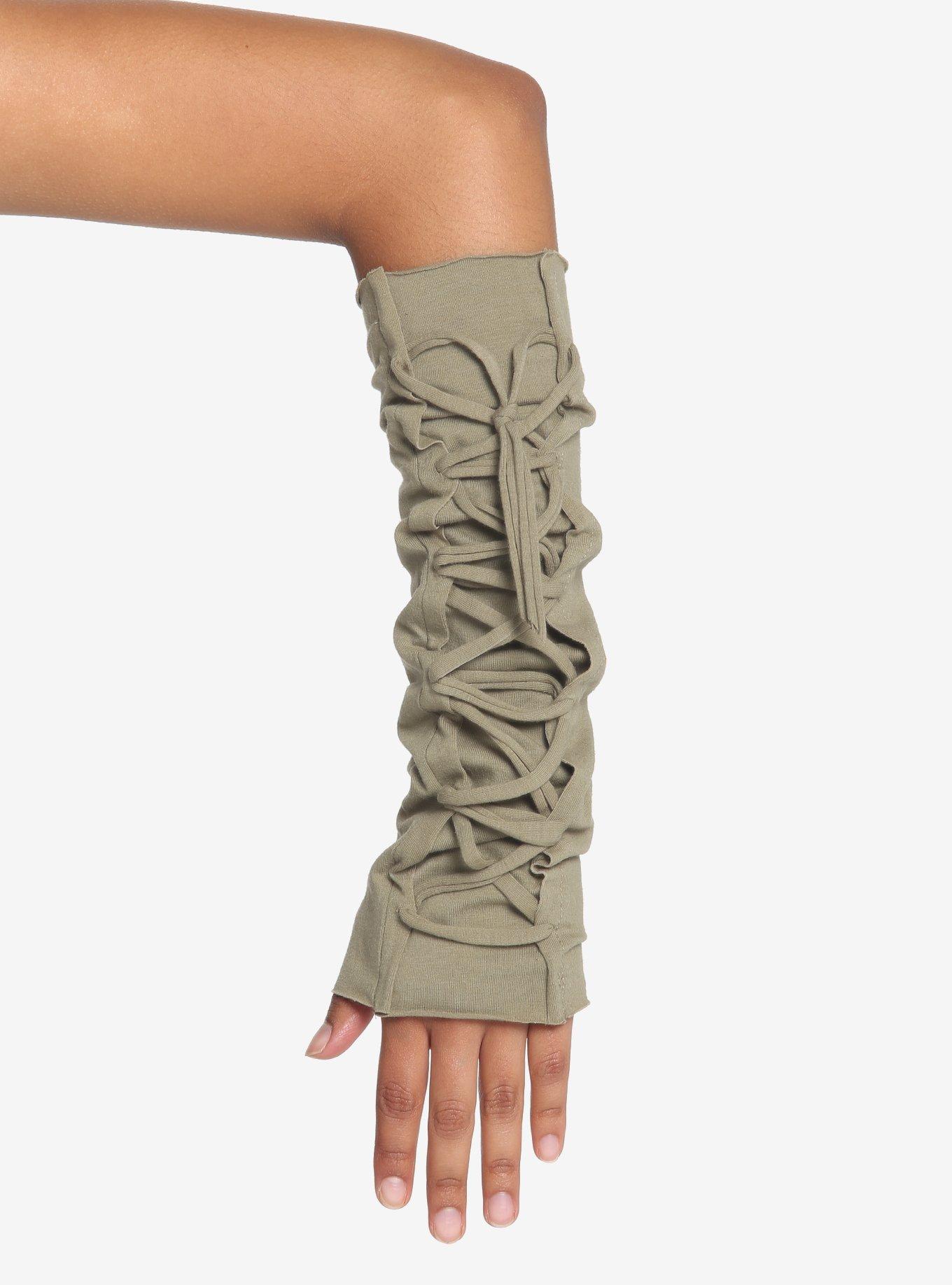 Olive Green Lace-Up Arm Warmers, , hi-res