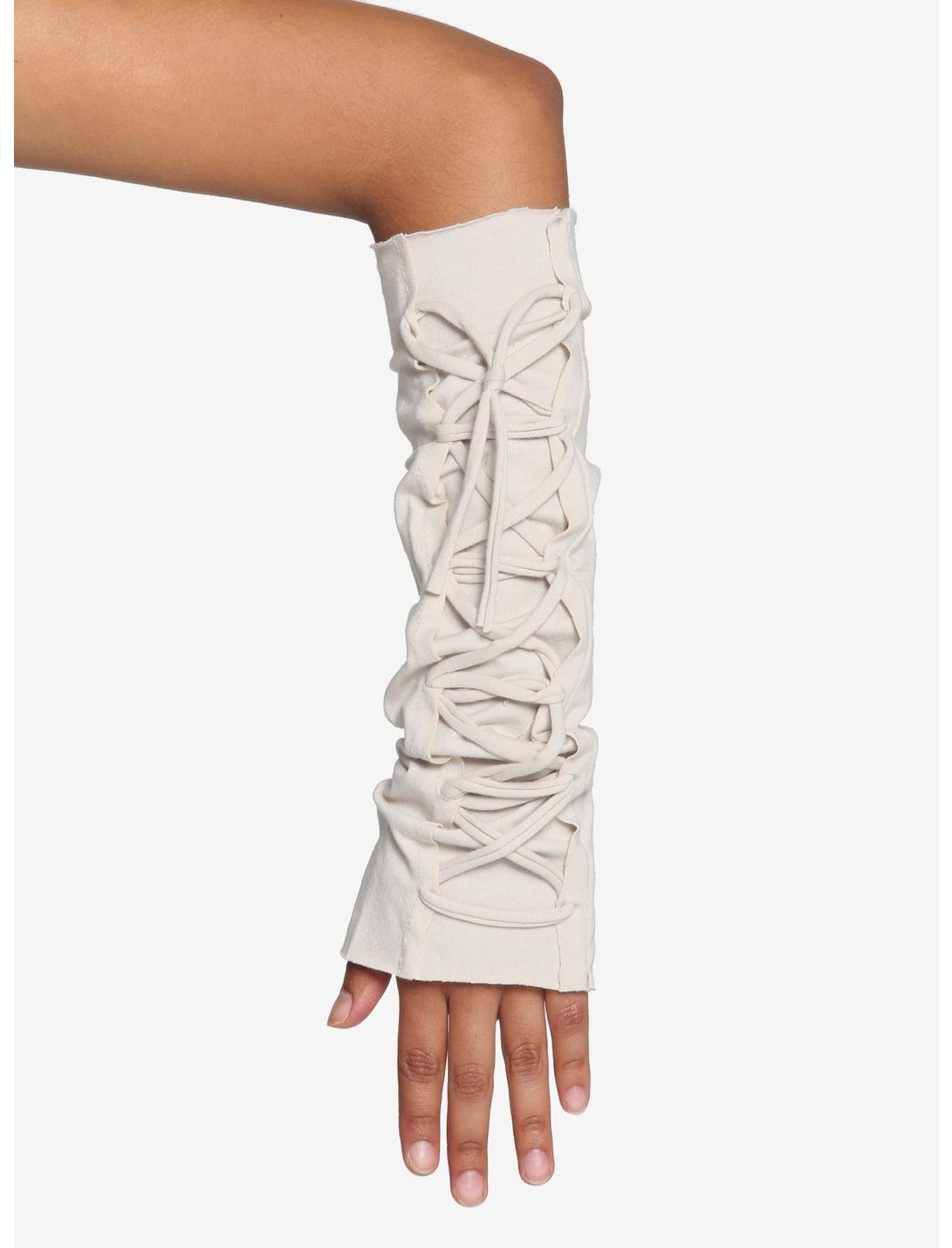 Cream Lace-Up Arm Warmers, , hi-res