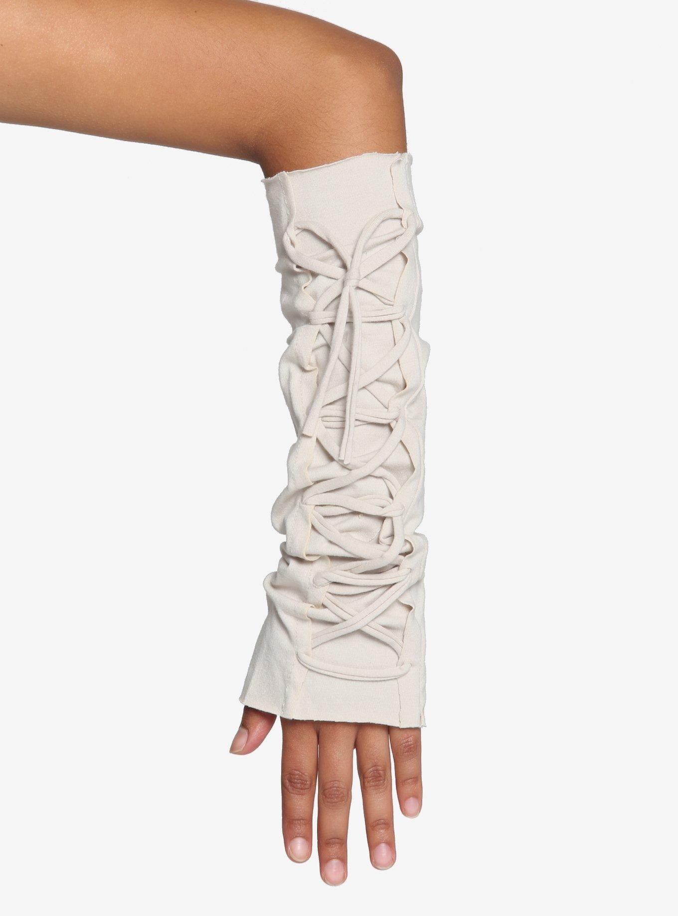 Cream Lace-Up Arm Warmers, , hi-res