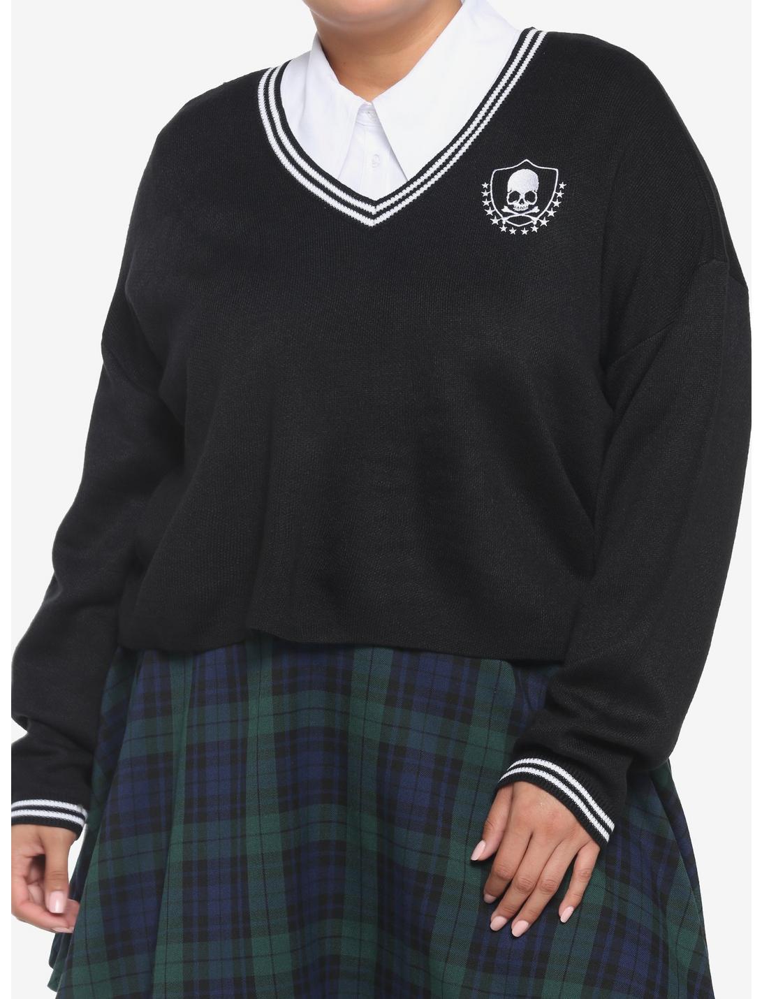 Skull Crest V-Neck Girls Sweater Plus Size, BLACK, hi-res