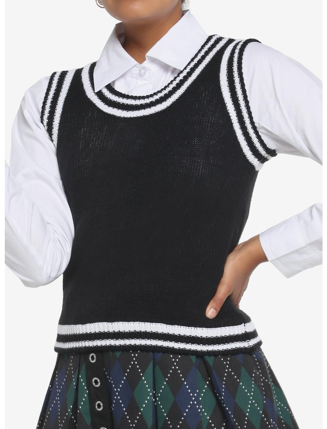 Black & White Twofer Girls Sweater Vest & Long-Sleeve Button-Up, MULTI, hi-res
