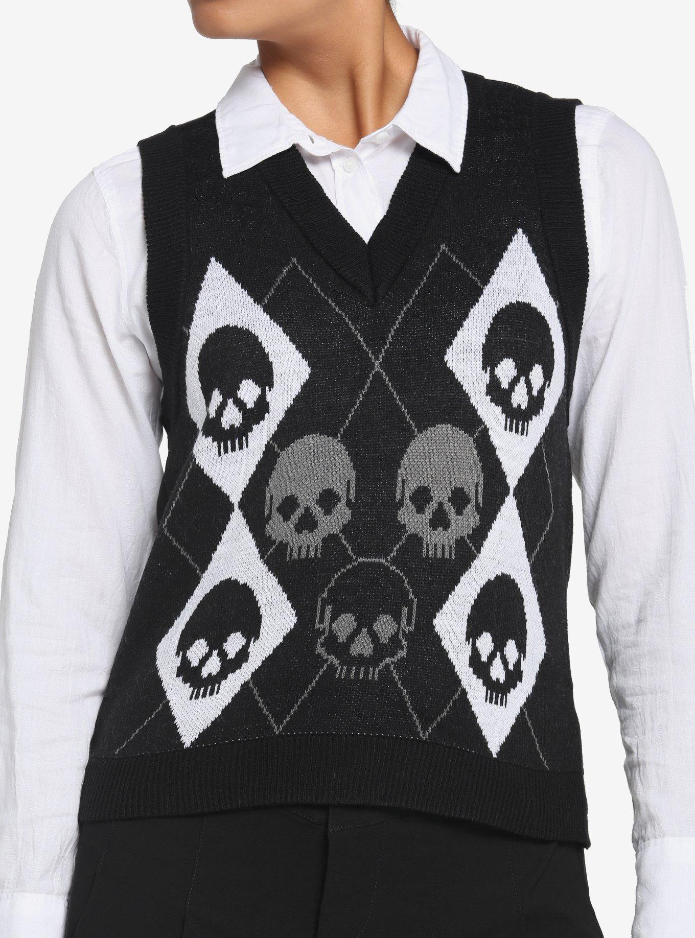 Black Skull Argyle Girls Sweater Vest, BLACK, hi-res