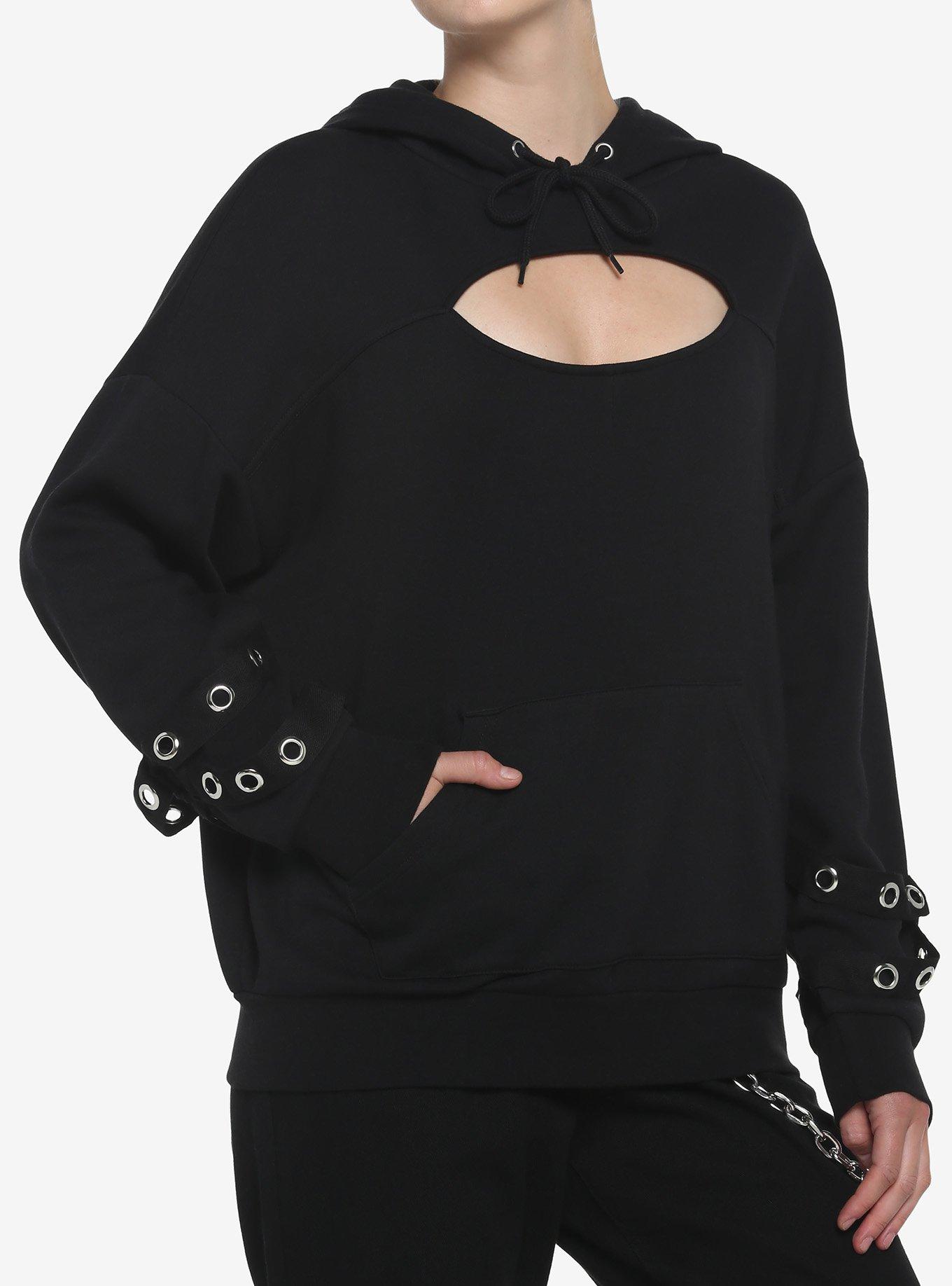 Black Cutout Grommet Girls Hoodie, BLACK, hi-res