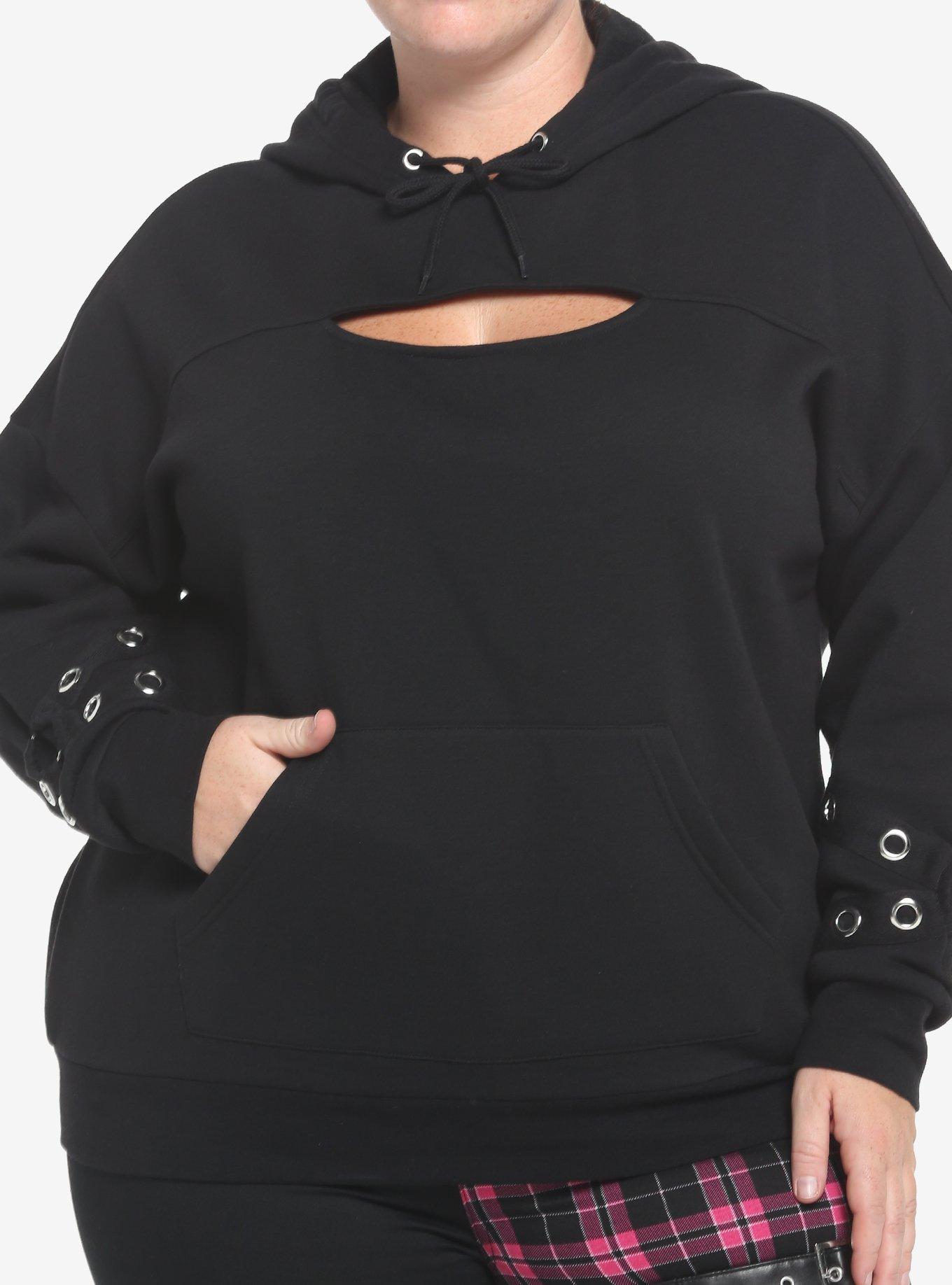 Black Cutout Grommet Girls Hoodie Plus Size, BLACK, hi-res