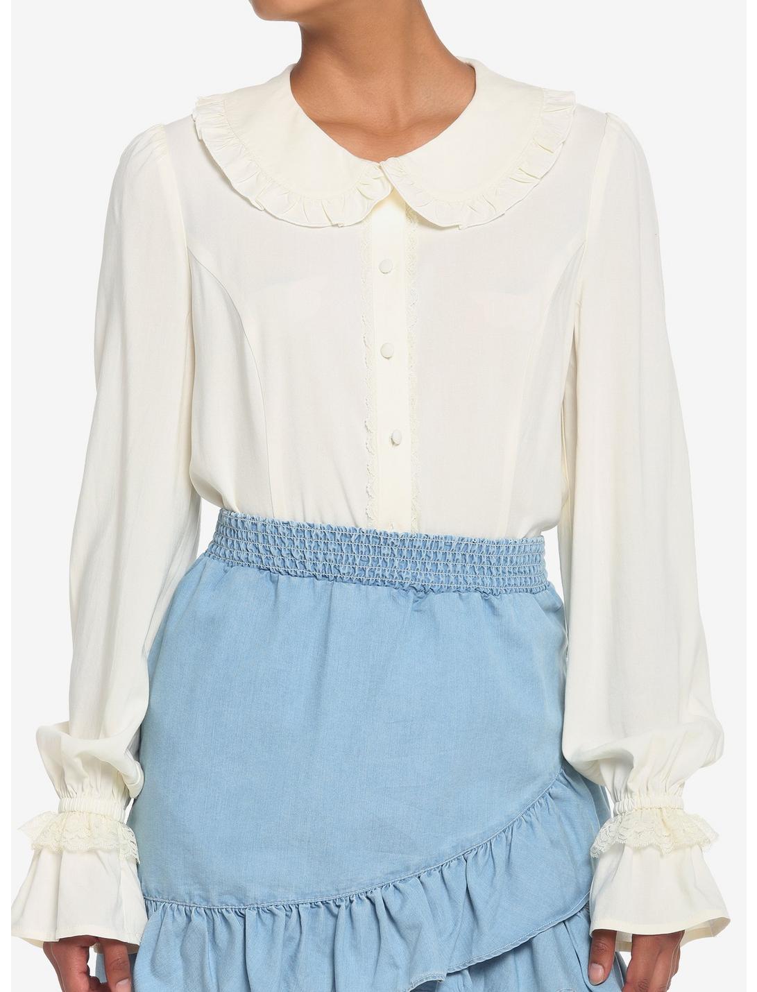 Ivory Ruffle Girls Long-Sleeve Woven Button-Up, IVORY, hi-res