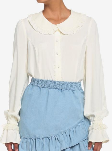Ivory Ruffle Girls Long-Sleeve Woven Button-Up | Hot Topic