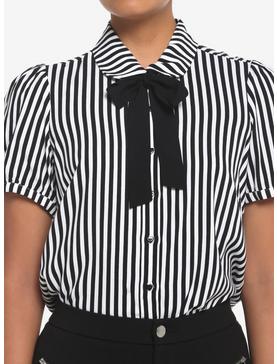 Black & White Pinstripe Bow Girls Woven Button-Up, , hi-res