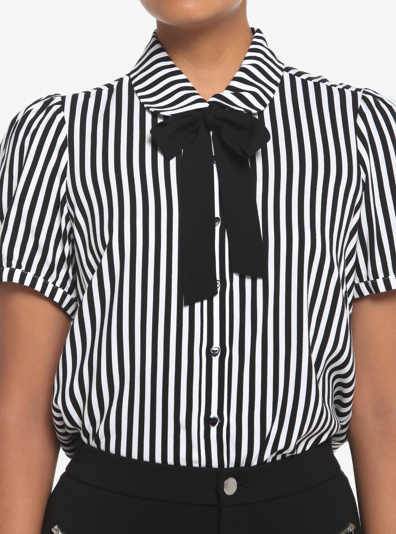 Black & White Pinstripe Bow Girls Woven Button-Up, STRIPE-BLACK WHITE, hi-res