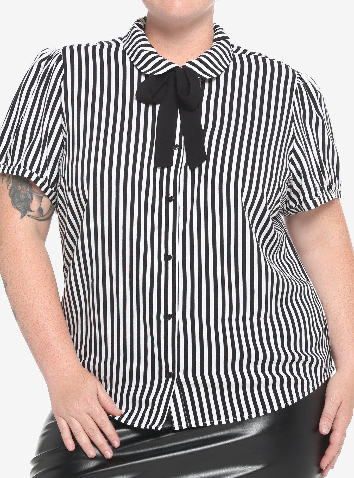 Black & White Pinstripe Bow Girls Woven Button-Up Plus Size, STRIPE-BLACK WHITE, hi-res