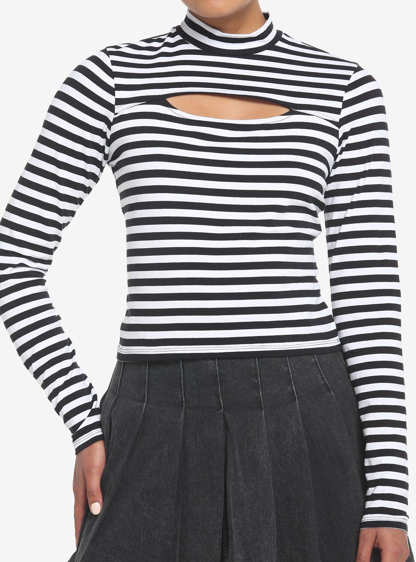 Black & White Stripe Cutout Girls Long-Sleeve Top, STRIPE-BLACK WHITE, hi-res