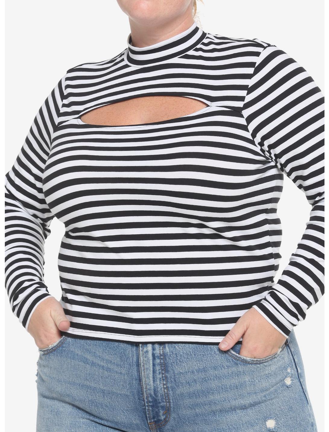 Black & White Stripe Cutout Girls Long-Sleeve Top Plus Size, STRIPE-BLACK WHITE, hi-res