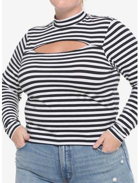 Black & White Stripe Cutout Girls Long-Sleeve Top Plus Size, , hi-res