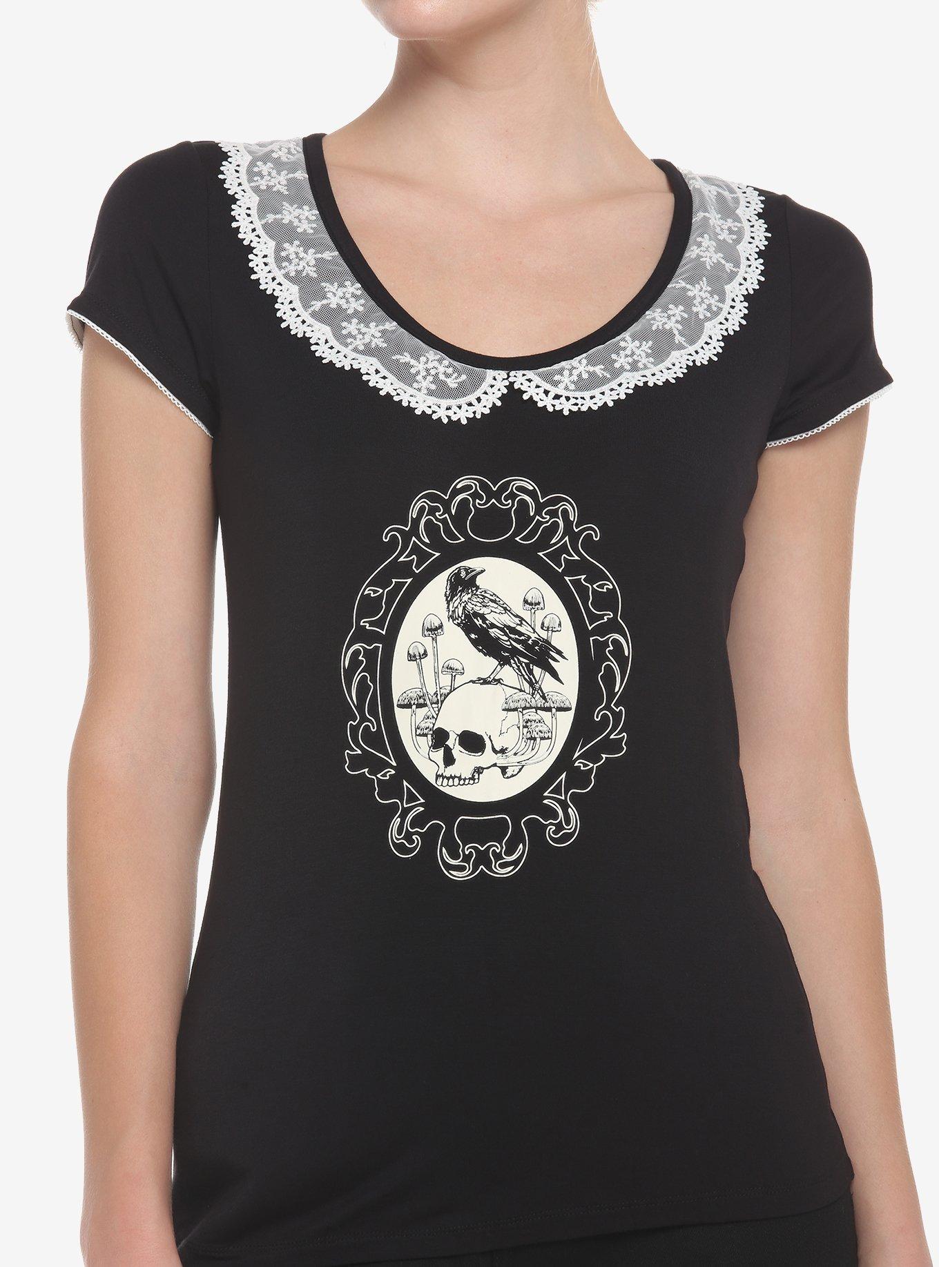 Raven Skull Lace Collar Girls Top, BLACK, hi-res