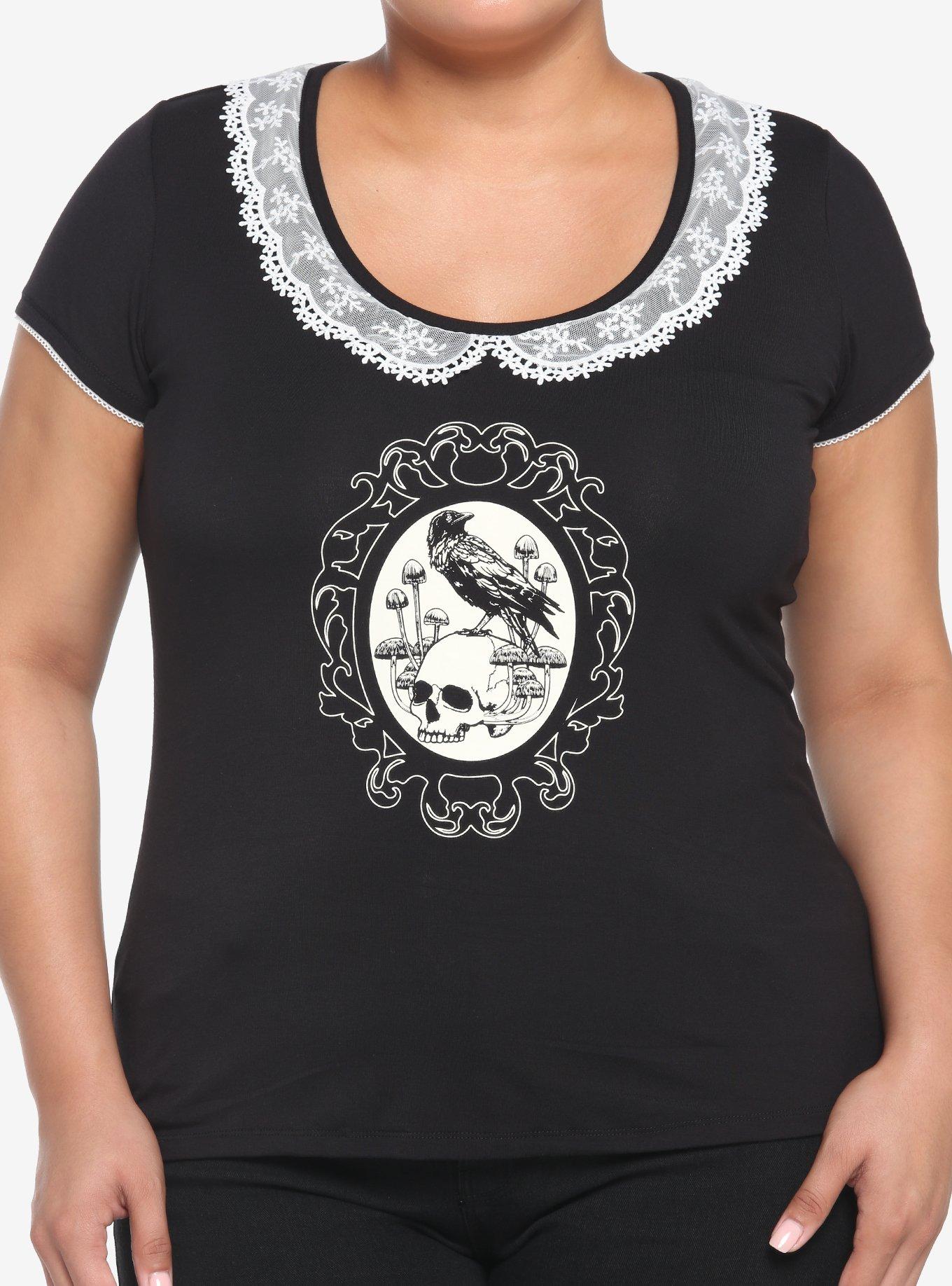 Raven Skull Lace Collar Girls Top Plus Size, BLACK, hi-res