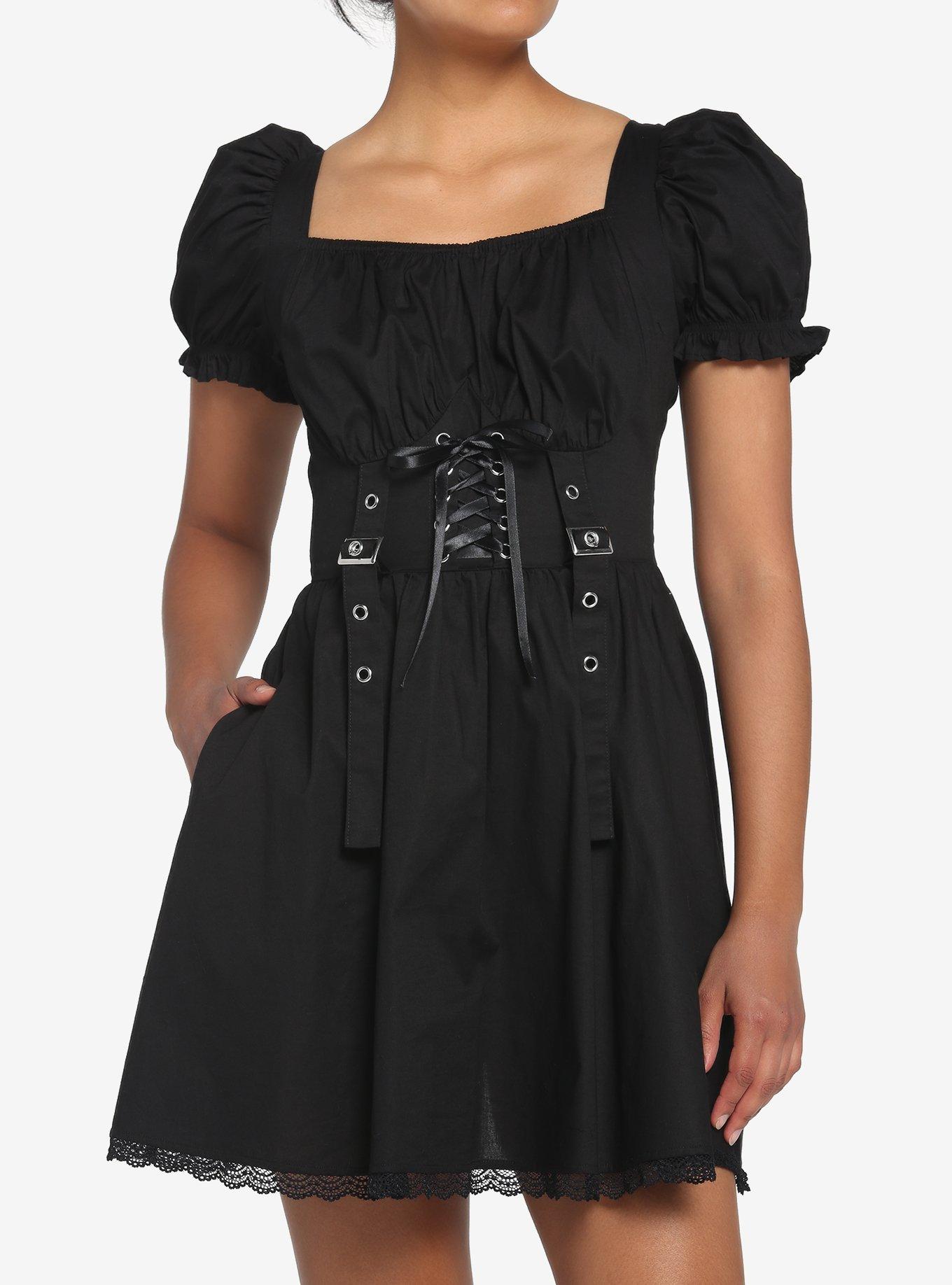 Black Corset Grommet Dress, BLACK, hi-res